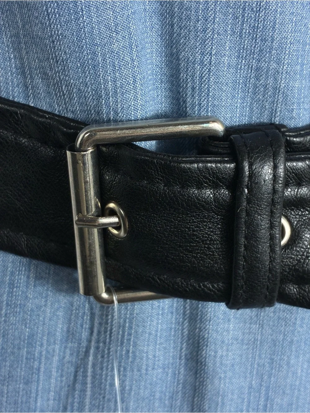 Womens belt 42” long Black faux Leather Silver Buckle